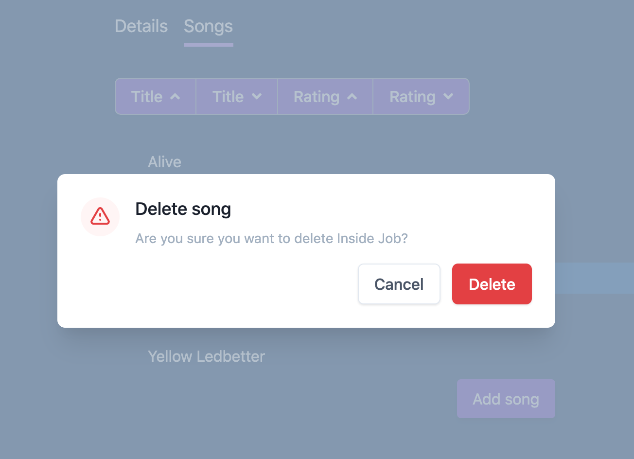The modal to confirm deletion