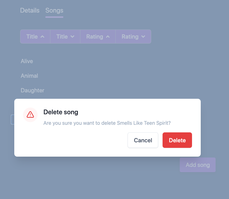 Deleting a song – now via the ModalDialog component